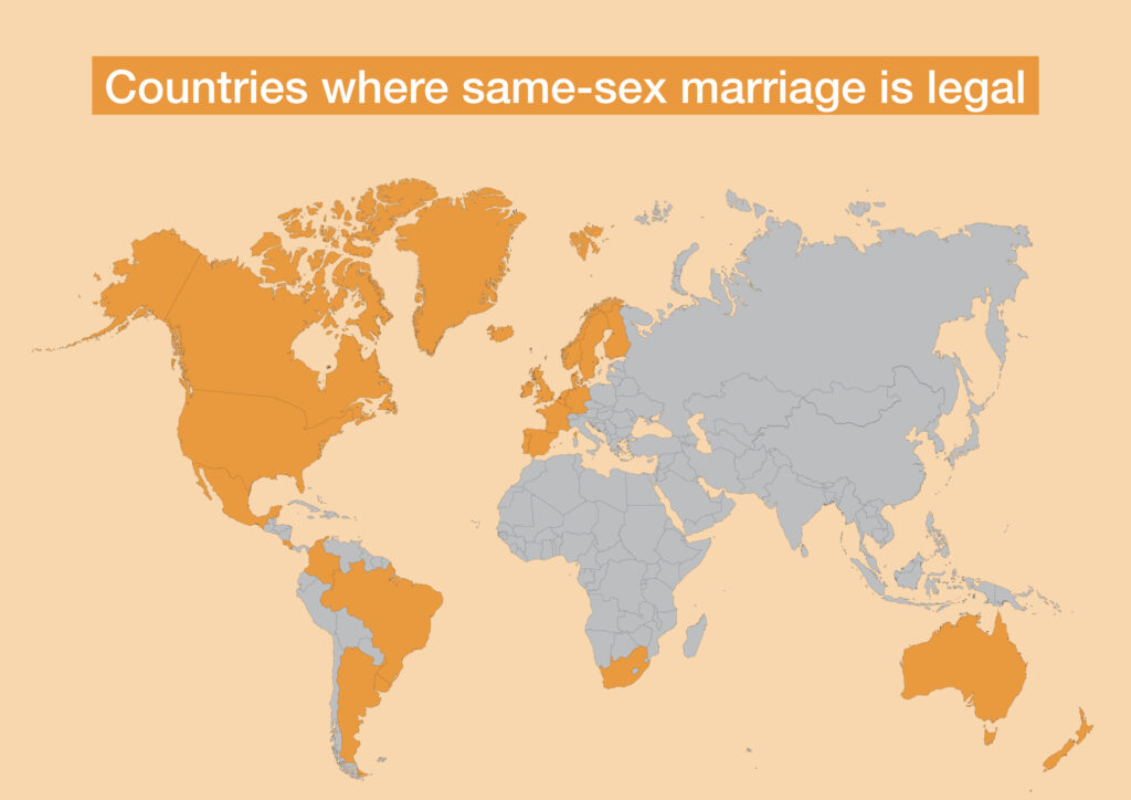 Weltkarte zeigt, in welchen Ländern die gleichgeschlechtliche Hochzeit erlaubt ist.