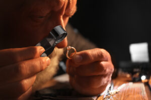 Juwelier prüft die Ringqualität mit einer Lupe